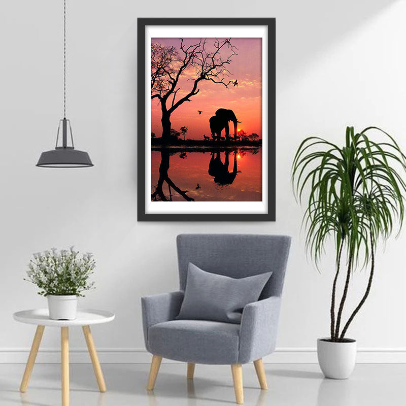 Elephant and His Own Image in the Water Diamond Painting