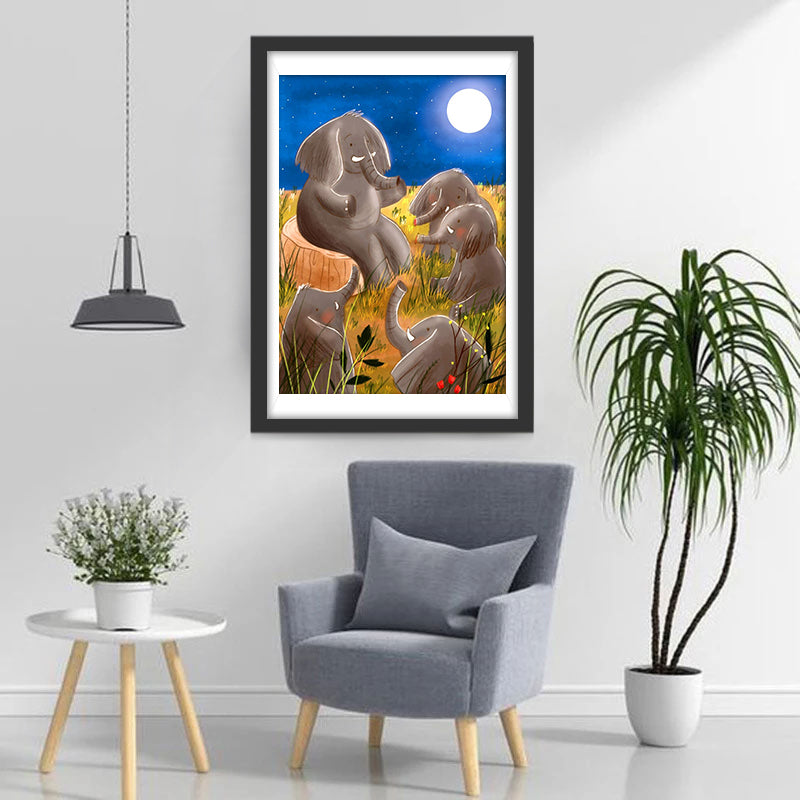 Elephant Telling Story to Baby Elephants Diamond Painting