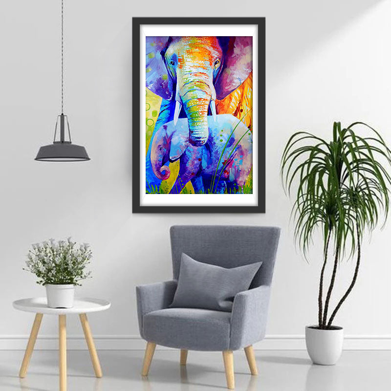 Multicolored Elephant and His Little Elephant Diamond Painting