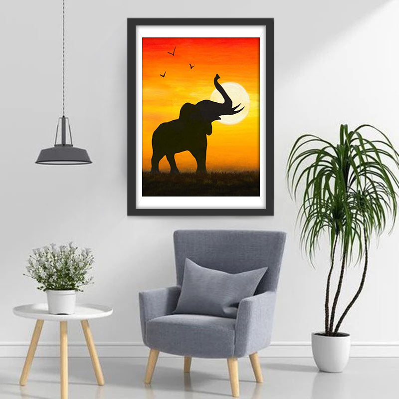 Elephant and the Setting Sun with the Red Sky Diamond Painting
