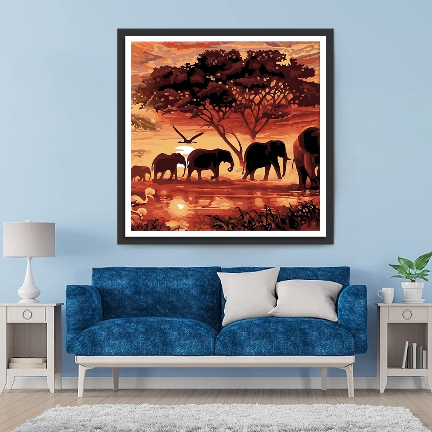 Herds of Elephants and Red Clouds Diamond Painting