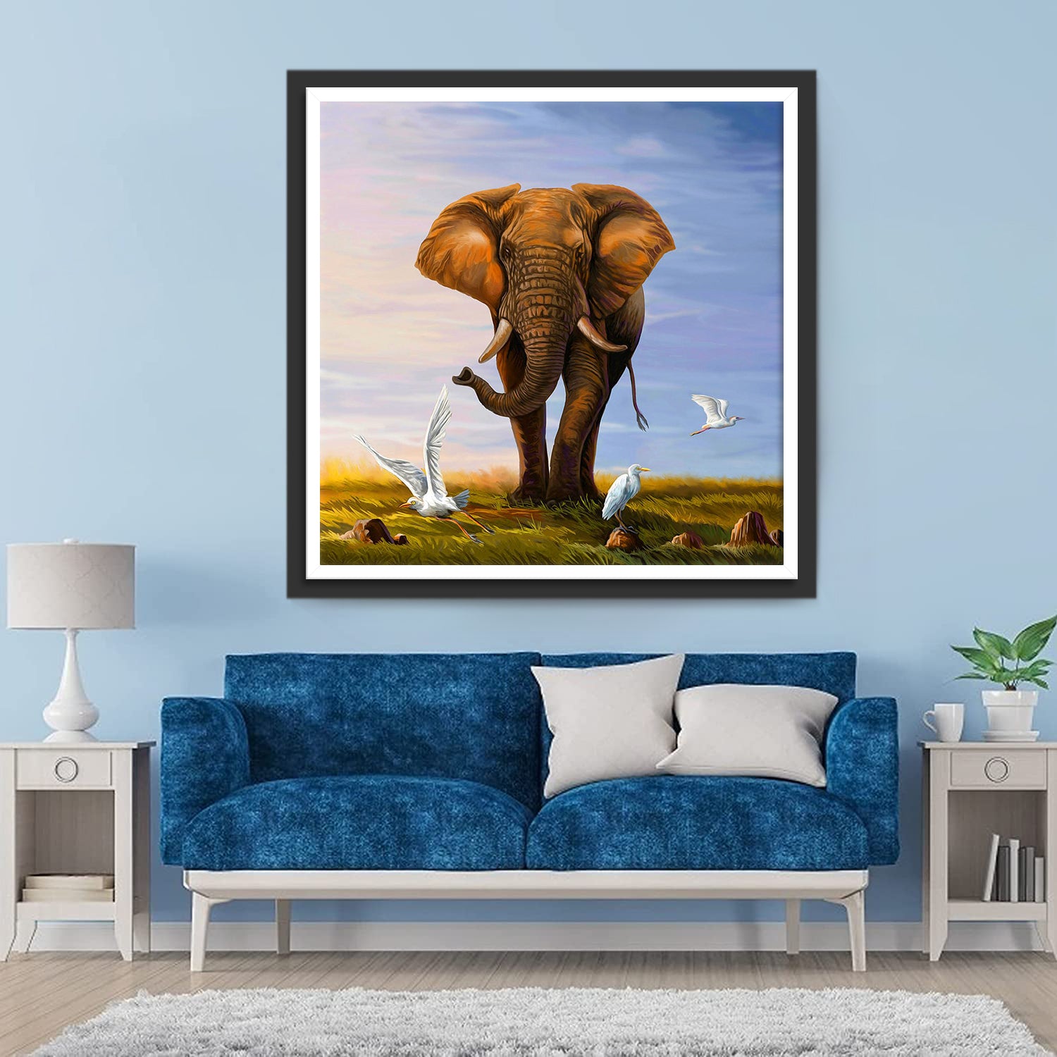 Elephant and the White Birds Diamond Painting