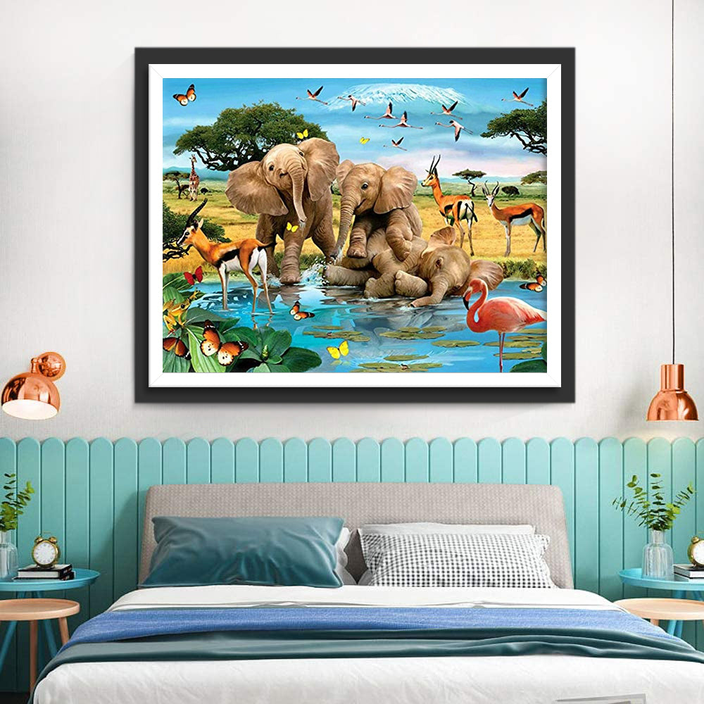 Elephants, Antelopes and Flamingo Diamond Painting