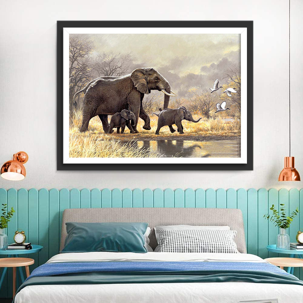 Elephant and Her Two Babies Diamond Painting