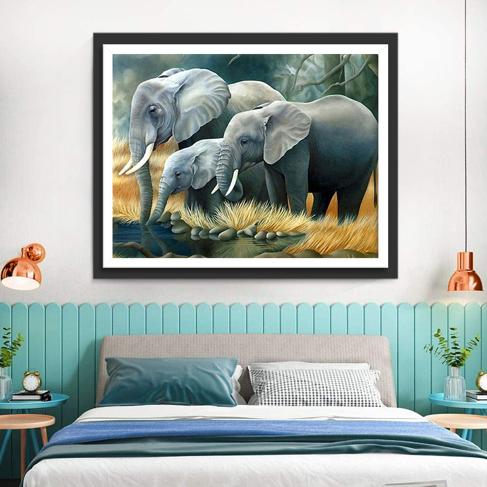 Family of Elephants Drinking Water Diamond Painting
