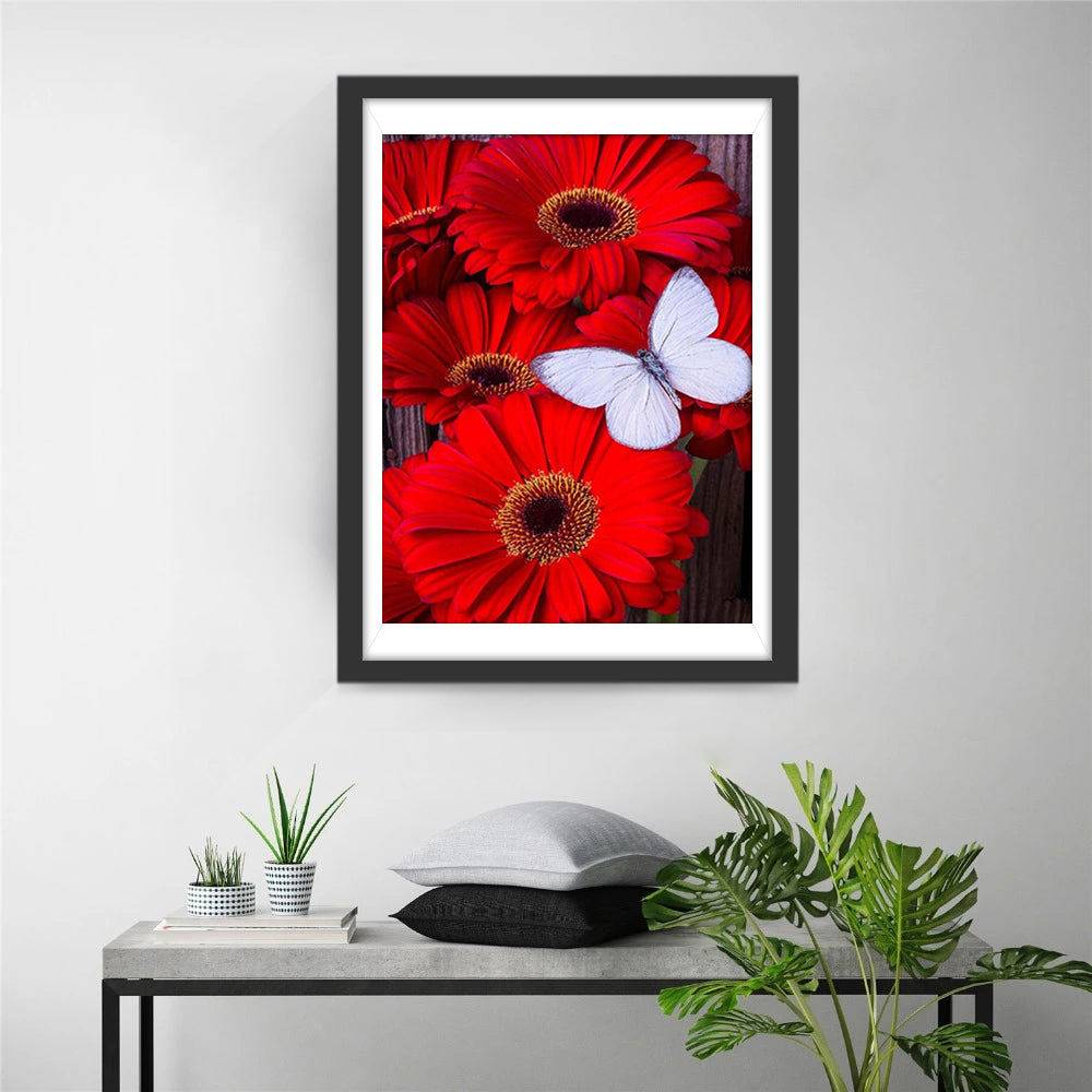 Red Chrysanthemums and White Butterfly Diamond Painting