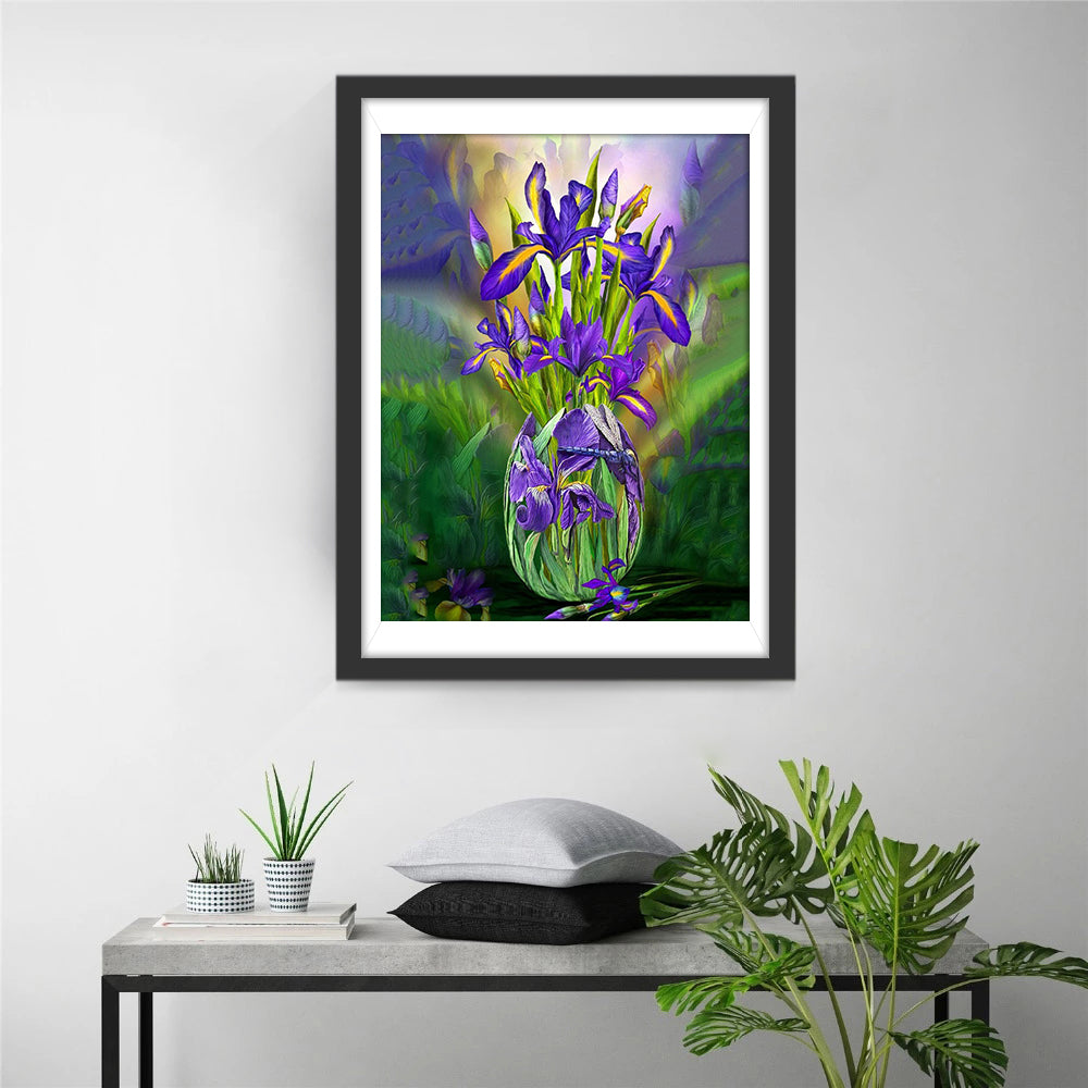 Purple Irises in Glass Vase Diamond Painting