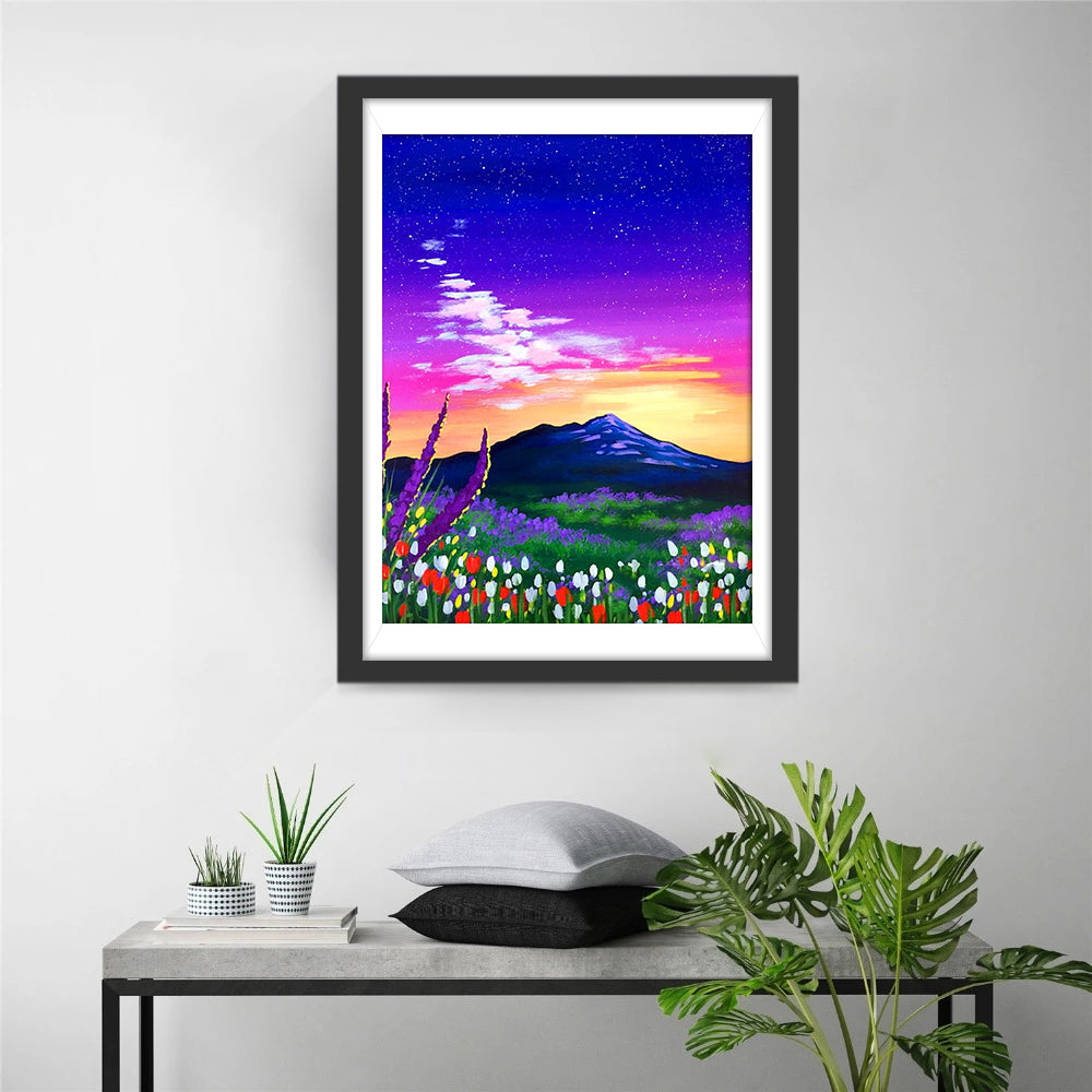 Tulips and Mountain with Magnificent Sky Diamond Painting