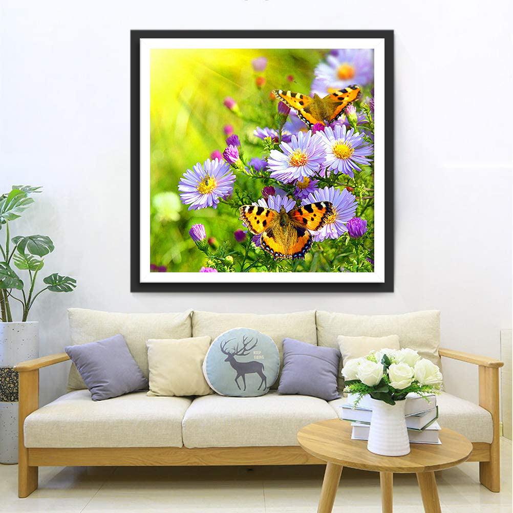 Purple Daisies and Butterflies Diamond Painting