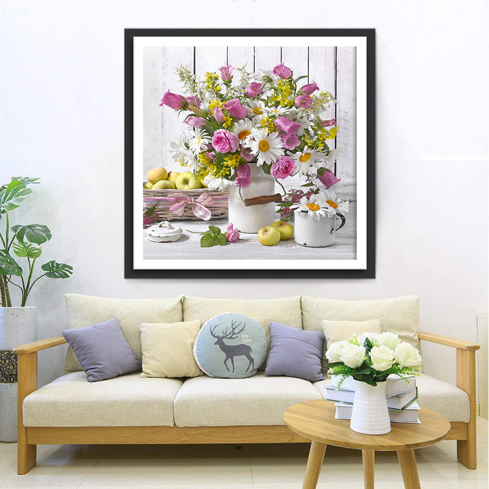 Roses and Small White Chrysanthemums Diamond Painting