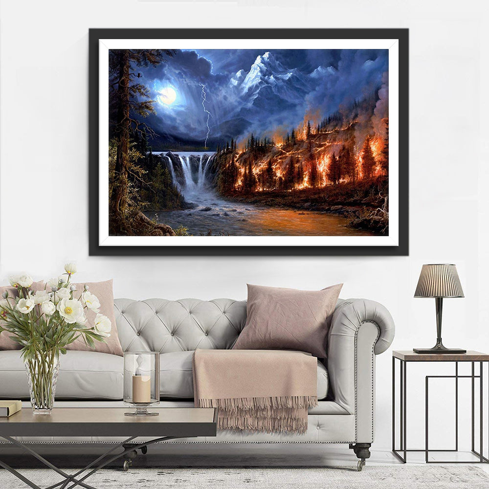 Waterfall and Mountain Fire Diamond Painting