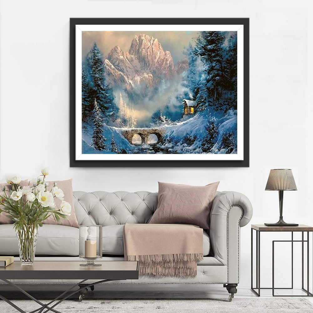 Snow Covered Chalet and Bridge Diamond Painting