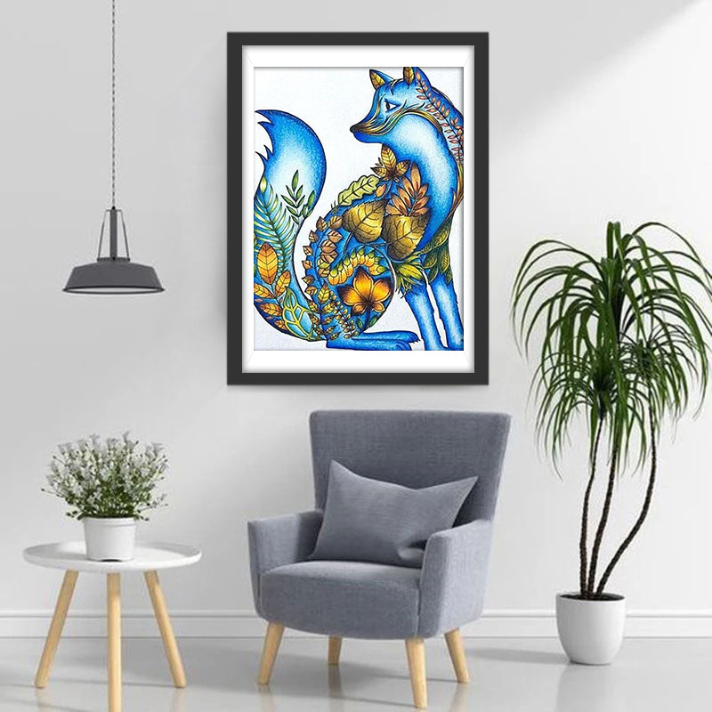 Blue Fox and Leaves Diamond Painting