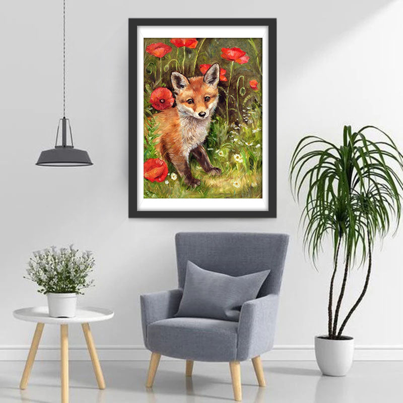 Red Fox and Red Flowers Diamond Painting