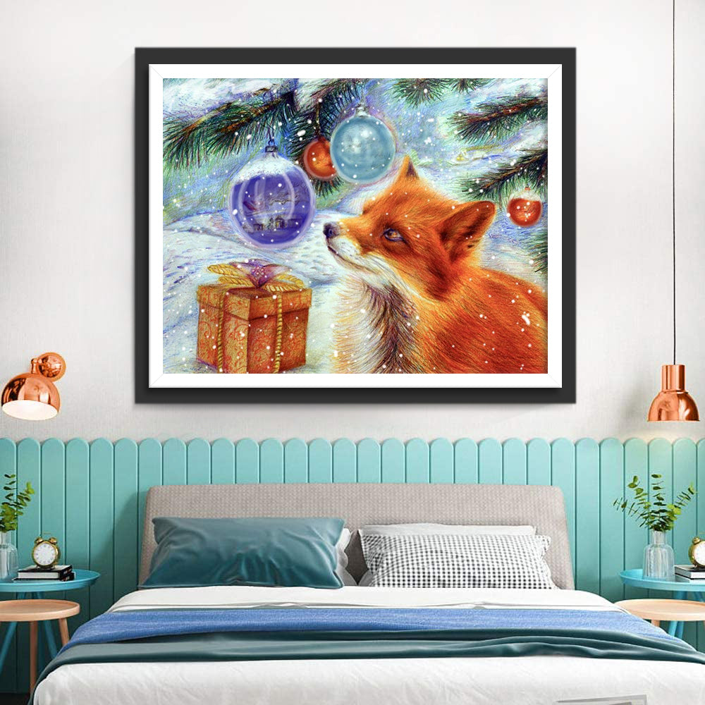Red Fox and Colored Balls in the Snow Diamond Painting