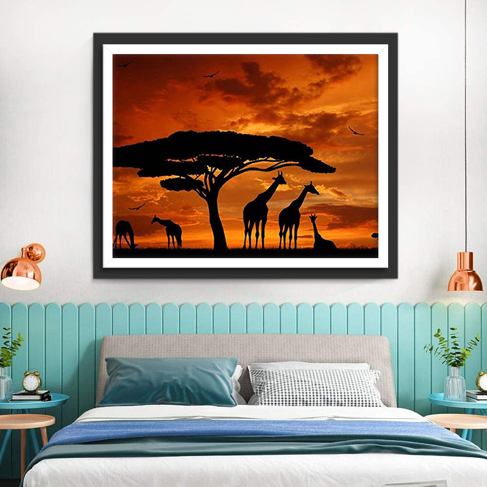Giraffes and Baobaos with Red Clouds Diamond Painting