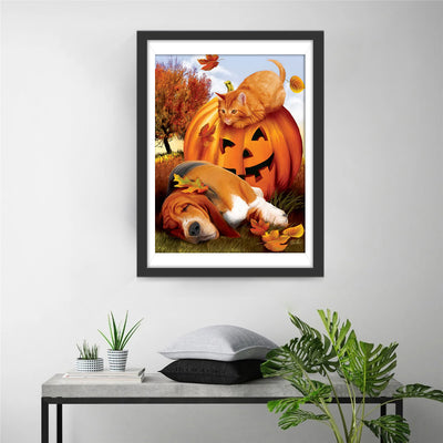 Dog Sleeping near a Halloween Pumpkin Diamond Painting