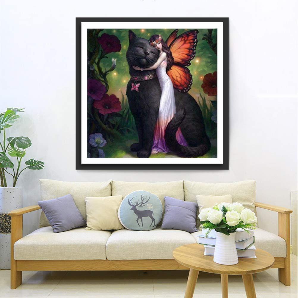 Butterfly Fairy and Big Black Cat Diamond Painting
