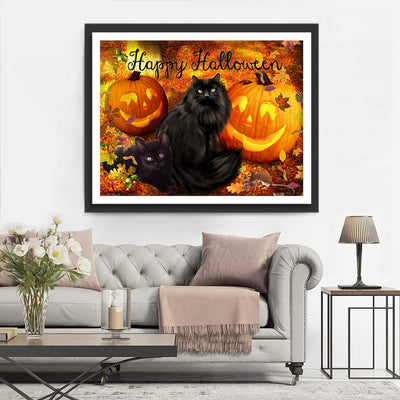 Black Long Haired Cats and Pumpkin Lanterns 5D DIY Diamond Painting Kits