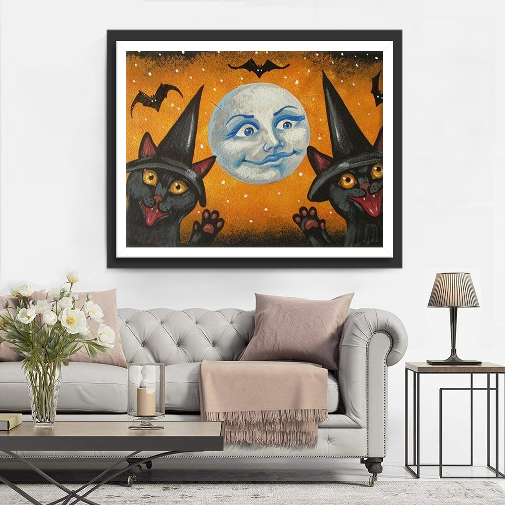 Two Black Cats and the Moon with Human Face Diamond Painting