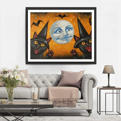Two Black Cats and the Moon with Human Face 5D DIY Diamond Painting Kits