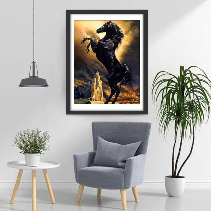 Standing Black Horse and Mountains Diamond Painting
