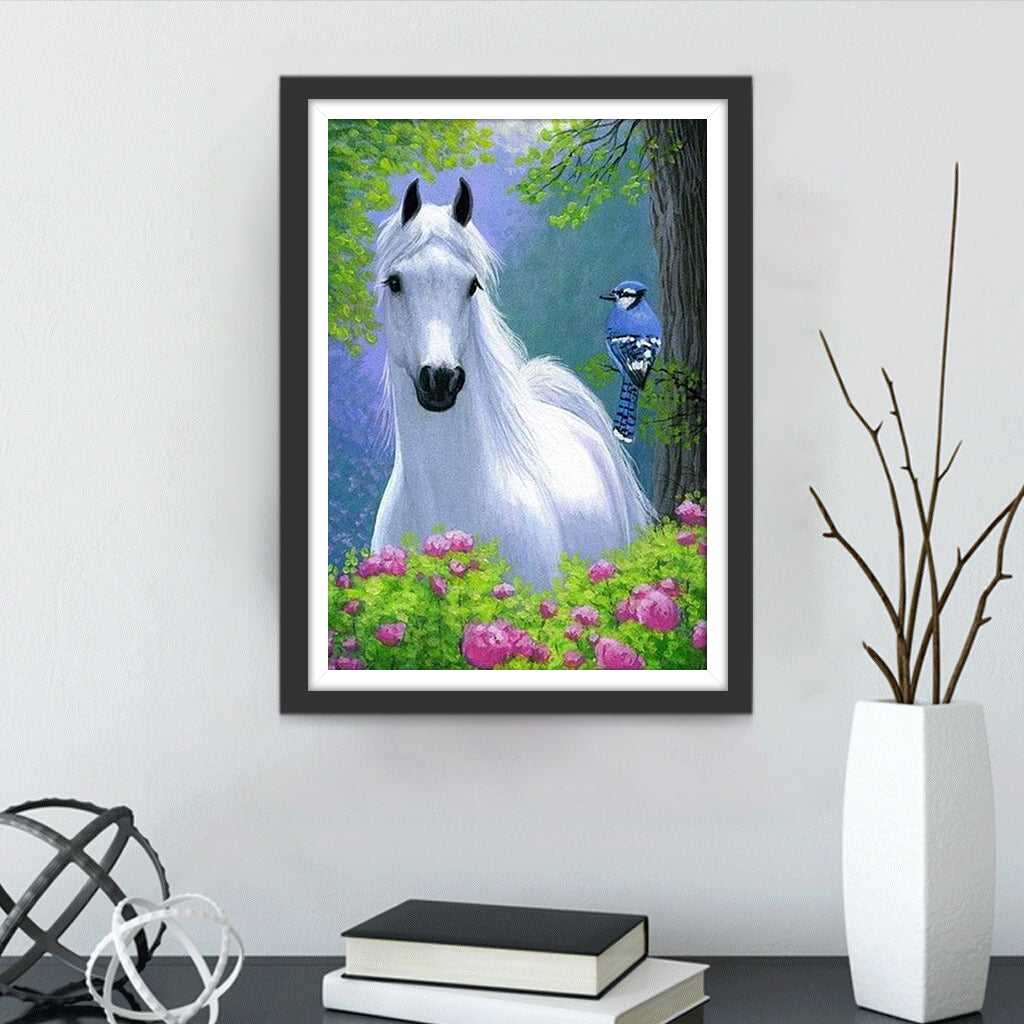 White Horse and Blue Bird Diamond Painting