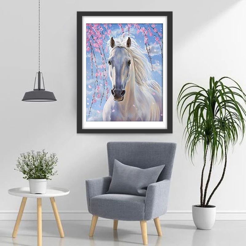 White Horse and Pink Flowers Diamond Painting