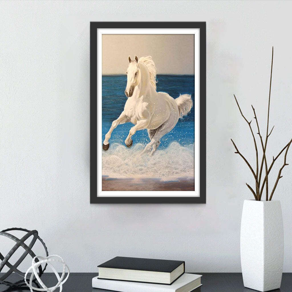 White Horse Playing in the Sea Diamond Painting