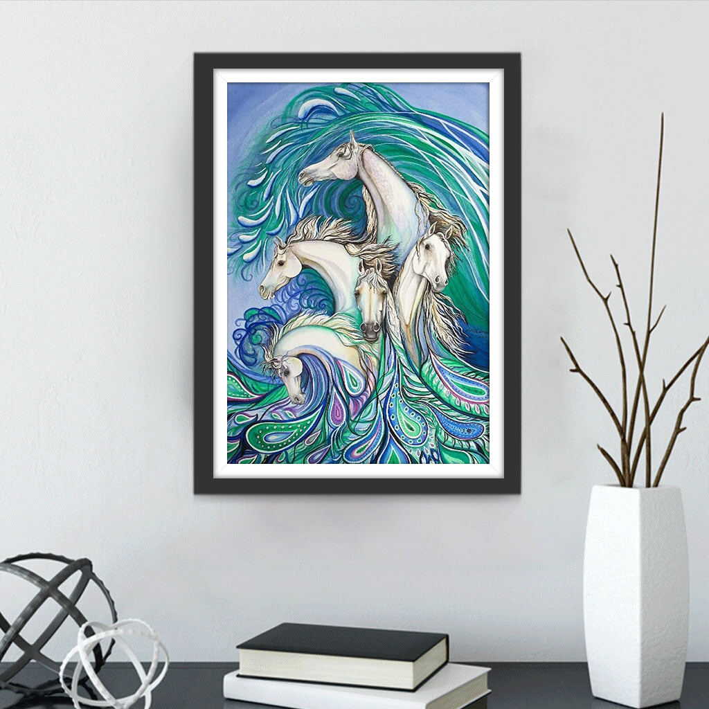 White Horses with Peacock Feathers Diamond Painting