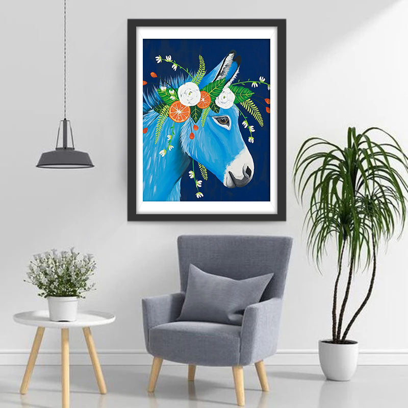 Blue Horse and White Roses Diamond Painting