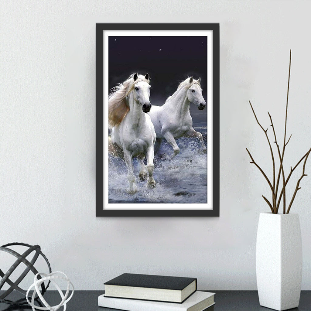 Two White Horses Running Diamond Painting