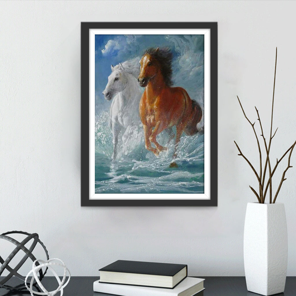 White Horse and Brown Horse with the Sea Diamond Painting