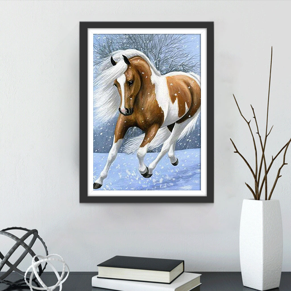 Horse with Long White Mane in the Snow Diamond Painting