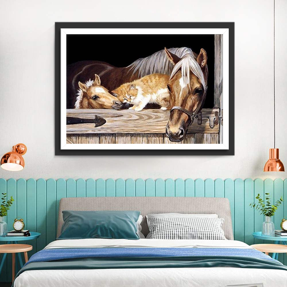 Mother Horse and Her Baby with a Cat Diamond Painting