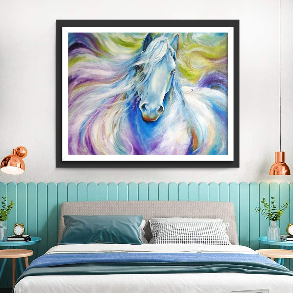 White Horse with Rainbow-Colored Mane Diamond Painting