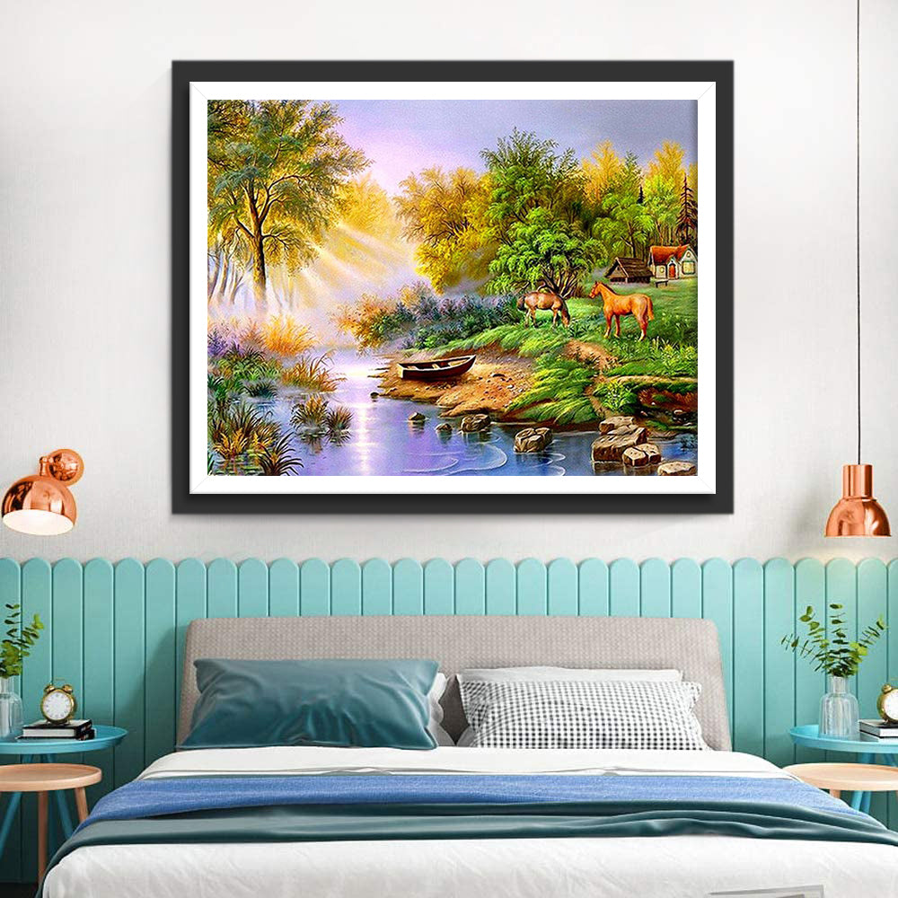 Two Horses Eating Grass Diamond Painting