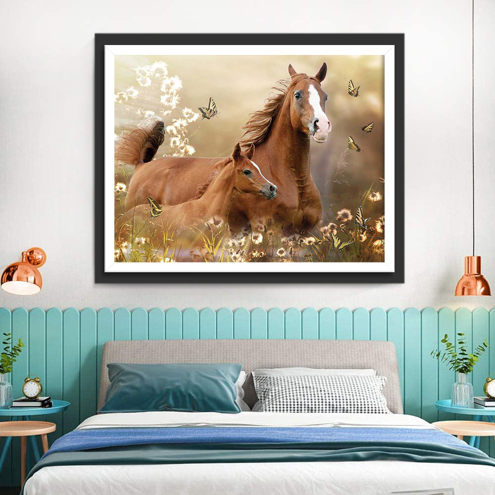 Mother Horse and Her Baby with Butterflies Diamond Painting