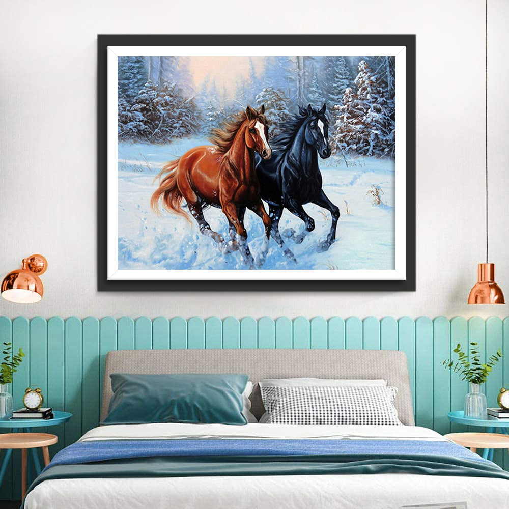 Two Horses Running in the Snow Diamond Painting