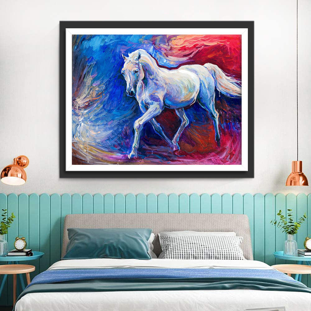 White Horse with Blue and Red Decor Diamond Painting