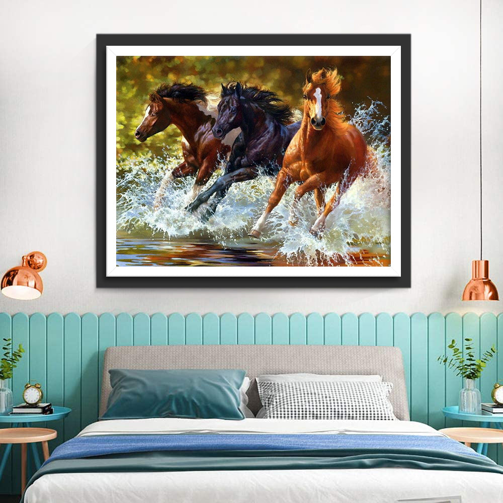 Three Horses Running in the Water Diamond Painting