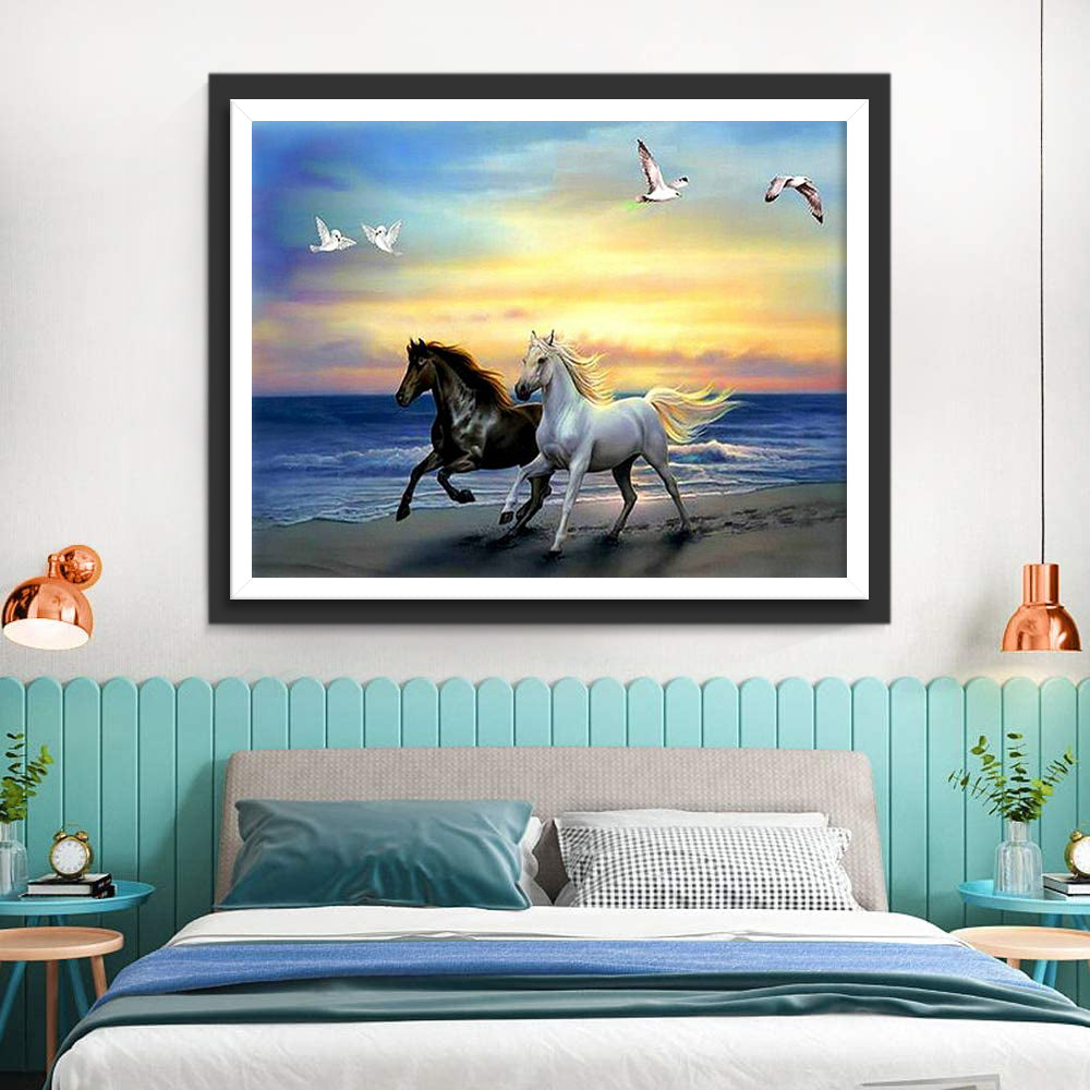 Black Horse and White Horse Running by the Sea Diamond Painting
