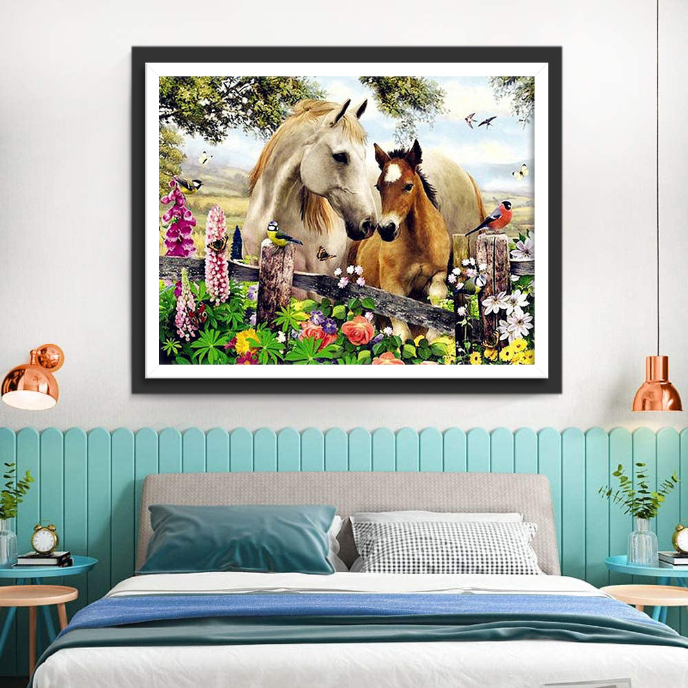 White Horse and Brown Foal Diamond Painting
