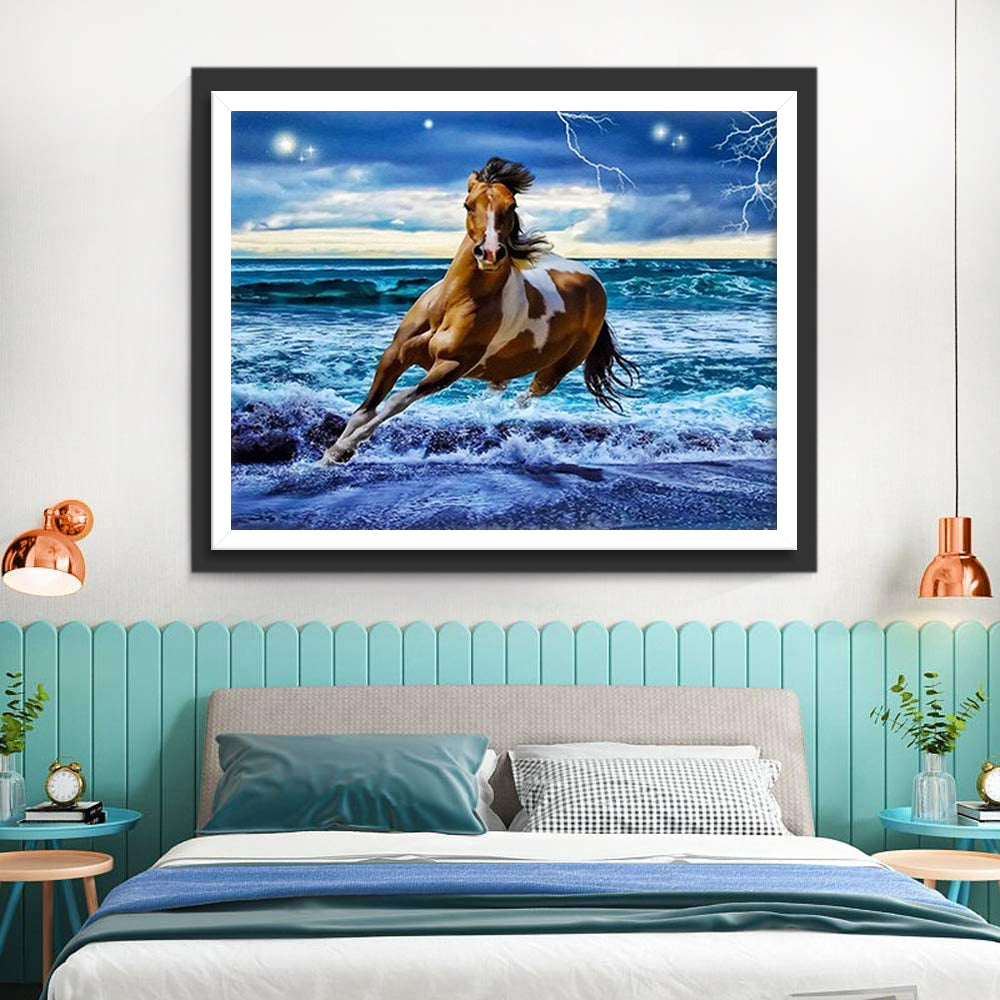 Brown and White Horse in the Sea Diamond Painting