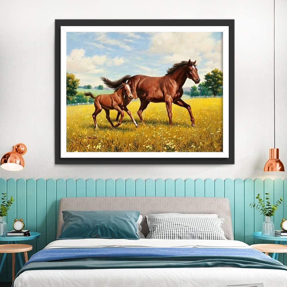 Mother Horse and Brown Foal Diamond Painting