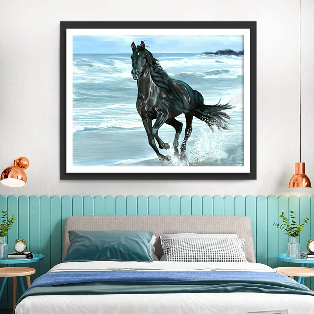 Black Horse and the Sea Diamond Painting
