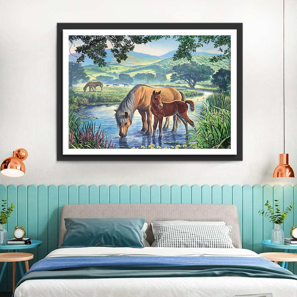 Horse and Foal Drinking Diamond Painting