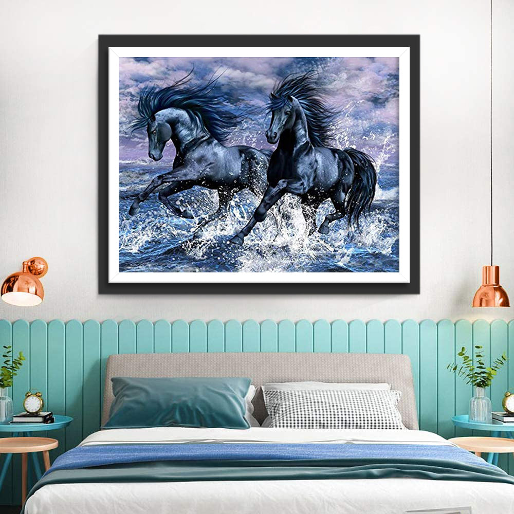 Two Black Horses Running and the Sea Diamond Painting