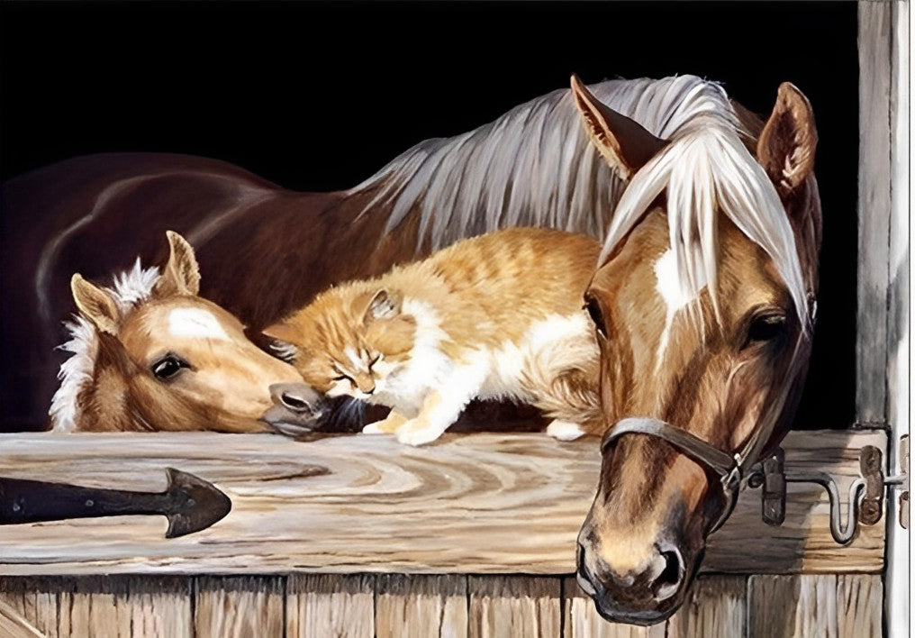 Mother Horse and Her Baby with a Cat Diamond Painting