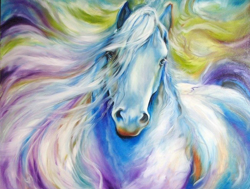 White Horse with Rainbow-Colored Mane Diamond Painting